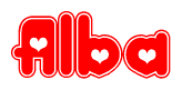 The image is a clipart featuring the word Alba written in a stylized font with a heart shape replacing inserted into the center of each letter. The color scheme of the text and hearts is red with a light outline.