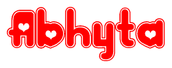 The image is a red and white graphic with the word Abhyta written in a decorative script. Each letter in  is contained within its own outlined bubble-like shape. Inside each letter, there is a white heart symbol.