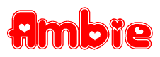 The image is a red and white graphic with the word Ambie written in a decorative script. Each letter in  is contained within its own outlined bubble-like shape. Inside each letter, there is a white heart symbol.