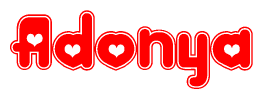 The image displays the word Adonya written in a stylized red font with hearts inside the letters.