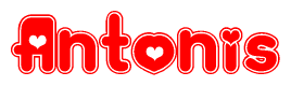 The image is a clipart featuring the word Antonis written in a stylized font with a heart shape replacing inserted into the center of each letter. The color scheme of the text and hearts is red with a light outline.