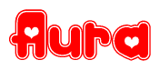 The image is a clipart featuring the word Aura written in a stylized font with a heart shape replacing inserted into the center of each letter. The color scheme of the text and hearts is red with a light outline.