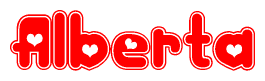 The image is a red and white graphic with the word Alberta written in a decorative script. Each letter in  is contained within its own outlined bubble-like shape. Inside each letter, there is a white heart symbol.