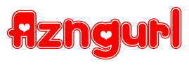 The image is a red and white graphic with the word Azngurl written in a decorative script. Each letter in  is contained within its own outlined bubble-like shape. Inside each letter, there is a white heart symbol.