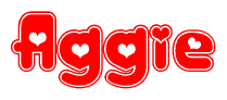 The image is a clipart featuring the word Aggie written in a stylized font with a heart shape replacing inserted into the center of each letter. The color scheme of the text and hearts is red with a light outline.