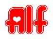 The image displays the word Alf written in a stylized red font with hearts inside the letters.