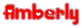 The image is a red and white graphic with the word Amberly written in a decorative script. Each letter in  is contained within its own outlined bubble-like shape. Inside each letter, there is a white heart symbol.