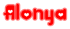 The image displays the word Alonya written in a stylized red font with hearts inside the letters.