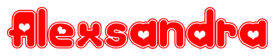 The image is a red and white graphic with the word Alexsandra written in a decorative script. Each letter in  is contained within its own outlined bubble-like shape. Inside each letter, there is a white heart symbol.