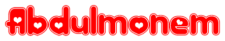 The image is a clipart featuring the word Abdulmonem written in a stylized font with a heart shape replacing inserted into the center of each letter. The color scheme of the text and hearts is red with a light outline.