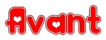 The image is a clipart featuring the word Avant written in a stylized font with a heart shape replacing inserted into the center of each letter. The color scheme of the text and hearts is red with a light outline.