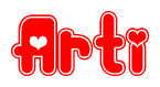 The image is a red and white graphic with the word Arti written in a decorative script. Each letter in  is contained within its own outlined bubble-like shape. Inside each letter, there is a white heart symbol.
