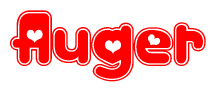 The image is a red and white graphic with the word Auger written in a decorative script. Each letter in  is contained within its own outlined bubble-like shape. Inside each letter, there is a white heart symbol.