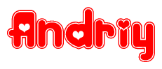 The image is a red and white graphic with the word Andriy written in a decorative script. Each letter in  is contained within its own outlined bubble-like shape. Inside each letter, there is a white heart symbol.