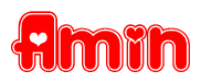 The image is a clipart featuring the word Amin written in a stylized font with a heart shape replacing inserted into the center of each letter. The color scheme of the text and hearts is red with a light outline.