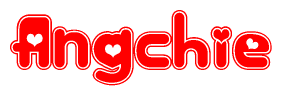 The image is a red and white graphic with the word Angchie written in a decorative script. Each letter in  is contained within its own outlined bubble-like shape. Inside each letter, there is a white heart symbol.