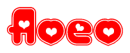 The image is a clipart featuring the word Aoeo written in a stylized font with a heart shape replacing inserted into the center of each letter. The color scheme of the text and hearts is red with a light outline.
