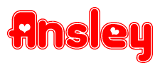 The image is a red and white graphic with the word Ansley written in a decorative script. Each letter in  is contained within its own outlined bubble-like shape. Inside each letter, there is a white heart symbol.