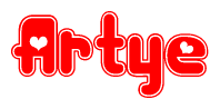 The image is a clipart featuring the word Artye written in a stylized font with a heart shape replacing inserted into the center of each letter. The color scheme of the text and hearts is red with a light outline.