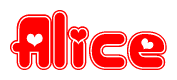 The image is a clipart featuring the word Alice written in a stylized font with a heart shape replacing inserted into the center of each letter. The color scheme of the text and hearts is red with a light outline.