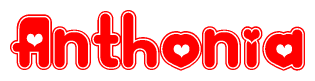 The image is a red and white graphic with the word Anthonia written in a decorative script. Each letter in  is contained within its own outlined bubble-like shape. Inside each letter, there is a white heart symbol.