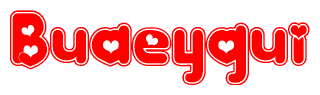 The image is a red and white graphic with the word Buaeyqui written in a decorative script. Each letter in  is contained within its own outlined bubble-like shape. Inside each letter, there is a white heart symbol.