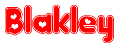 The image is a clipart featuring the word Blakley written in a stylized font with a heart shape replacing inserted into the center of each letter. The color scheme of the text and hearts is red with a light outline.