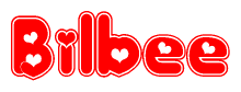 The image is a red and white graphic with the word Bilbee written in a decorative script. Each letter in  is contained within its own outlined bubble-like shape. Inside each letter, there is a white heart symbol.