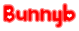 The image is a clipart featuring the word Bunnyb written in a stylized font with a heart shape replacing inserted into the center of each letter. The color scheme of the text and hearts is red with a light outline.