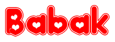 The image is a clipart featuring the word Babak written in a stylized font with a heart shape replacing inserted into the center of each letter. The color scheme of the text and hearts is red with a light outline.