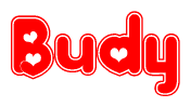 The image is a clipart featuring the word Budy written in a stylized font with a heart shape replacing inserted into the center of each letter. The color scheme of the text and hearts is red with a light outline.