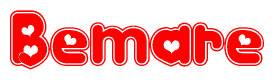 The image is a red and white graphic with the word Bemare written in a decorative script. Each letter in  is contained within its own outlined bubble-like shape. Inside each letter, there is a white heart symbol.