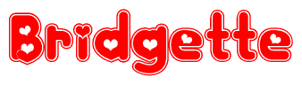 The image is a clipart featuring the word Bridgette written in a stylized font with a heart shape replacing inserted into the center of each letter. The color scheme of the text and hearts is red with a light outline.