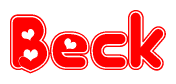 The image is a clipart featuring the word Beck written in a stylized font with a heart shape replacing inserted into the center of each letter. The color scheme of the text and hearts is red with a light outline.