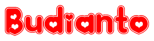The image is a clipart featuring the word Budianto written in a stylized font with a heart shape replacing inserted into the center of each letter. The color scheme of the text and hearts is red with a light outline.