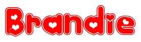 The image is a clipart featuring the word Brandie written in a stylized font with a heart shape replacing inserted into the center of each letter. The color scheme of the text and hearts is red with a light outline.