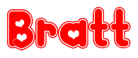 The image is a clipart featuring the word Bratt written in a stylized font with a heart shape replacing inserted into the center of each letter. The color scheme of the text and hearts is red with a light outline.