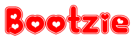 The image is a red and white graphic with the word Bootzie written in a decorative script. Each letter in  is contained within its own outlined bubble-like shape. Inside each letter, there is a white heart symbol.