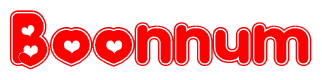 The image is a red and white graphic with the word Boonnum written in a decorative script. Each letter in  is contained within its own outlined bubble-like shape. Inside each letter, there is a white heart symbol.