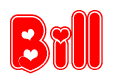 The image is a red and white graphic with the word Bill written in a decorative script. Each letter in  is contained within its own outlined bubble-like shape. Inside each letter, there is a white heart symbol.