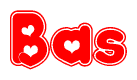 The image is a clipart featuring the word Bas written in a stylized font with a heart shape replacing inserted into the center of each letter. The color scheme of the text and hearts is red with a light outline.