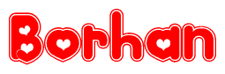 The image is a clipart featuring the word Borhan written in a stylized font with a heart shape replacing inserted into the center of each letter. The color scheme of the text and hearts is red with a light outline.
