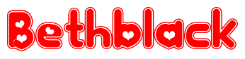 The image is a red and white graphic with the word Bethblack written in a decorative script. Each letter in  is contained within its own outlined bubble-like shape. Inside each letter, there is a white heart symbol.