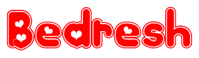 The image is a red and white graphic with the word Bedresh written in a decorative script. Each letter in  is contained within its own outlined bubble-like shape. Inside each letter, there is a white heart symbol.