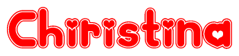 The image is a red and white graphic with the word Chiristina written in a decorative script. Each letter in  is contained within its own outlined bubble-like shape. Inside each letter, there is a white heart symbol.