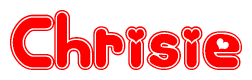 The image is a red and white graphic with the word Chrisie written in a decorative script. Each letter in  is contained within its own outlined bubble-like shape. Inside each letter, there is a white heart symbol.