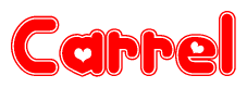 The image is a red and white graphic with the word Carrel written in a decorative script. Each letter in  is contained within its own outlined bubble-like shape. Inside each letter, there is a white heart symbol.