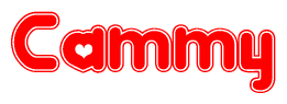 The image is a red and white graphic with the word Cammy written in a decorative script. Each letter in  is contained within its own outlined bubble-like shape. Inside each letter, there is a white heart symbol.