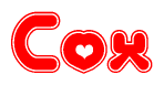 The image is a clipart featuring the word Cox written in a stylized font with a heart shape replacing inserted into the center of each letter. The color scheme of the text and hearts is red with a light outline.
