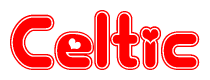 The image is a clipart featuring the word Celtic written in a stylized font with a heart shape replacing inserted into the center of each letter. The color scheme of the text and hearts is red with a light outline.